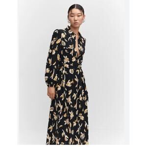 NWT Mango Black Floral Belted Shirt Midi Dress Small